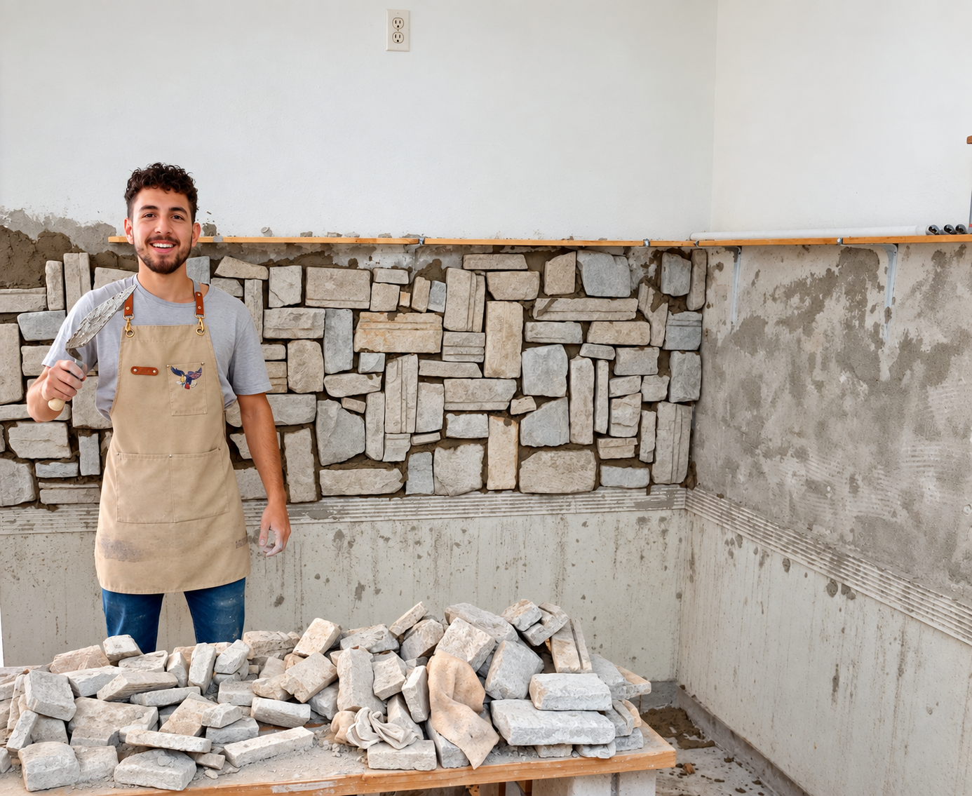 Phoenix Masonry School student holding a trowel beside his stonework project